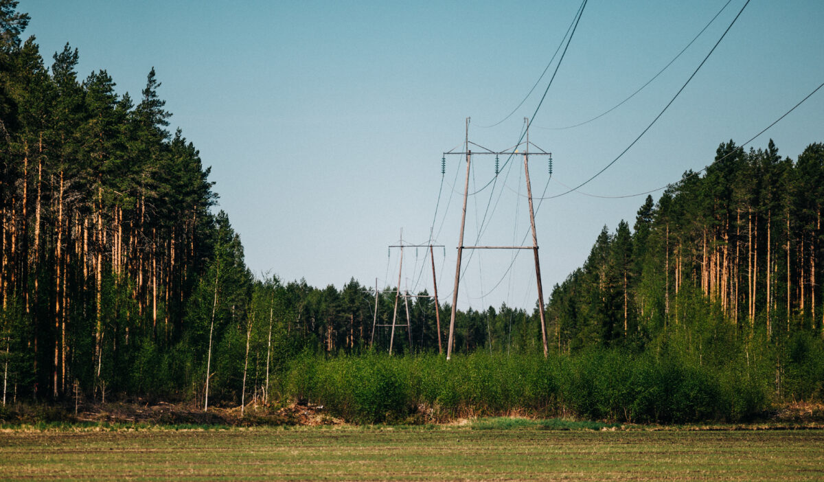 Sähköverkko, metsä- ja peltomaisemaa