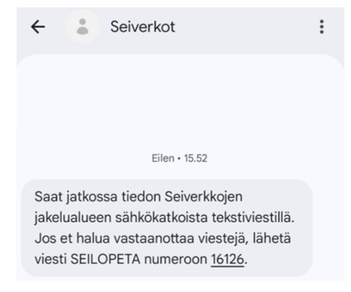 Infoviesti Seiverkkojen häiriöviestipalvelusta